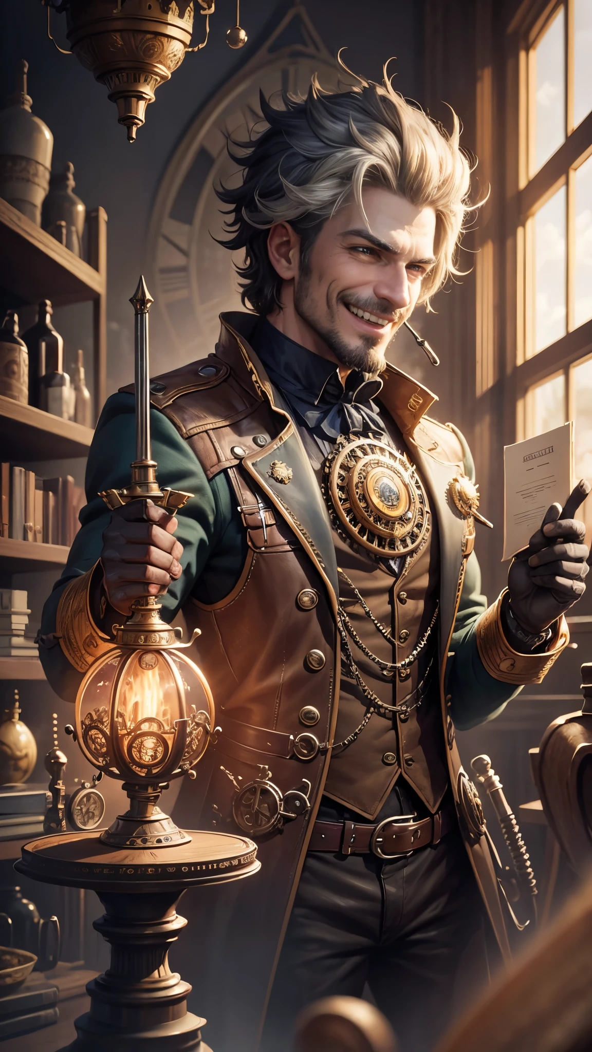 man stands,steampunk, laughing with mouth wide open, clock engine,king,holding a sword,half skull mask,colorfull,glowing ,mechanical wonders and the romance of steam-powered machinery,concept art,character,vibrant colors and depth, showcasing gears, cogs, and clockwork that seem to be in motion