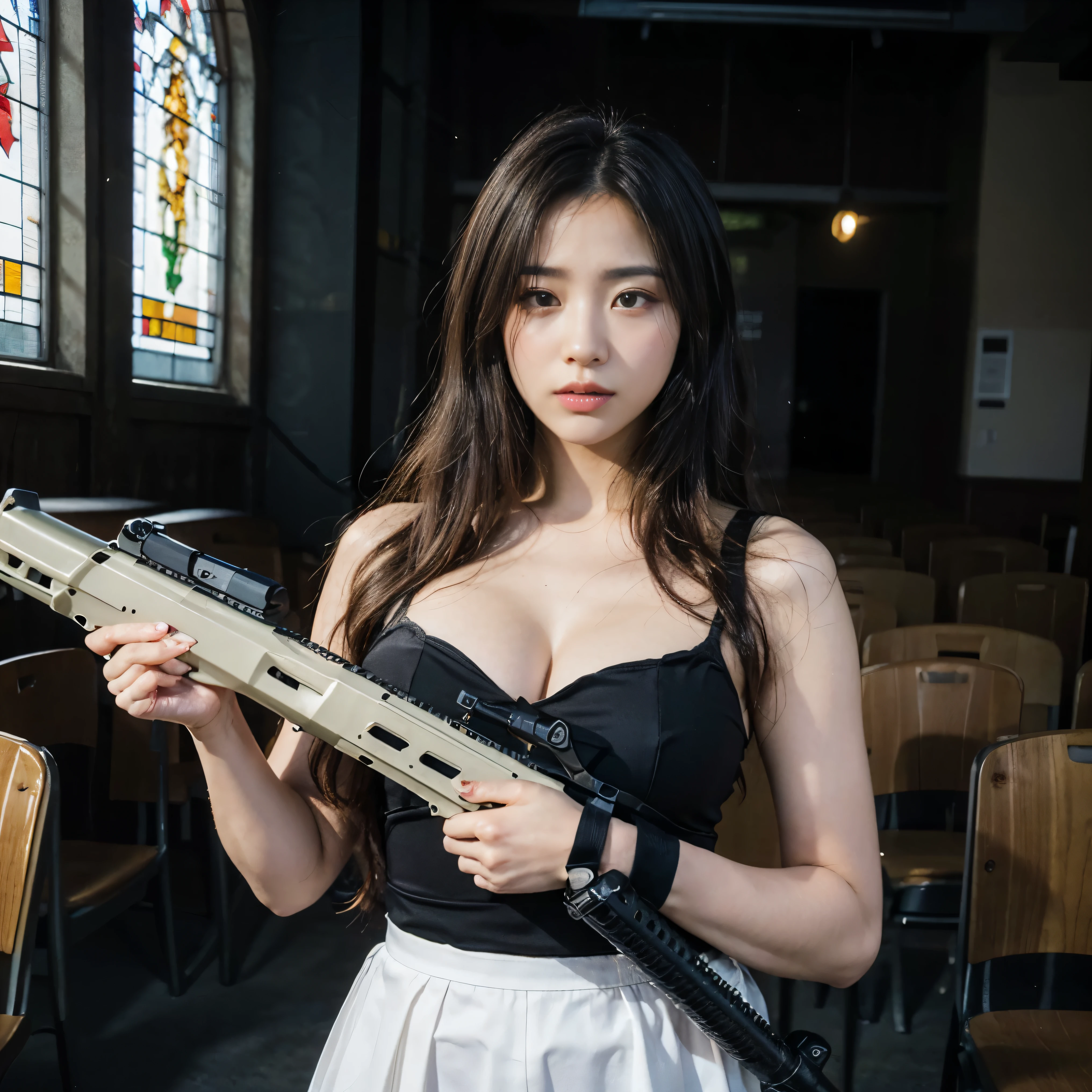 (highest quality、High resolution、Masterpiece: 1.2)、Super detailed、(Real、Photorealistic、Photorealistic: 1.37)、Cowboy Shot、Beautiful detailed eyes、Beautiful detailed lips、Highly detailed eyes and face、Long eyelashes、Huge Breasts、One woman、Full up hairstyle、Translucent latex dress、(FN SCAR-L 5.Holding a 56mm assault rifle towards the viewer:1.7)、A mixture of erotic and non-tension、Standing at the altar of the chapel、Stained Glass、huge breasts