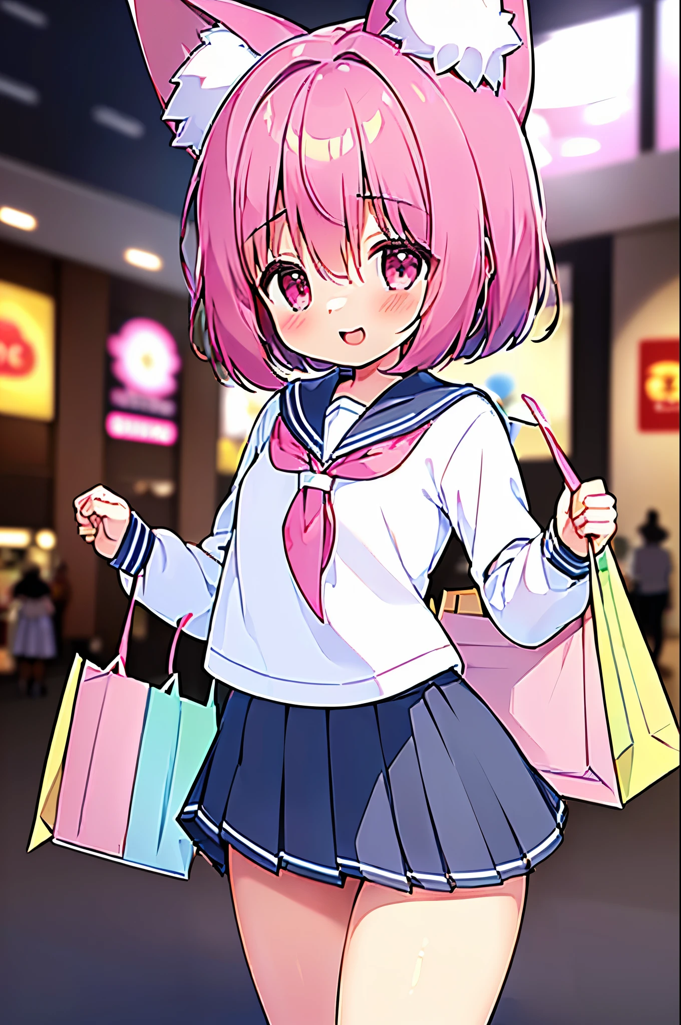 (((masterpiece))), (((最high quality))), (((high quality))), (((beautiful))), (((8k))), (((High resolution)) (((超High resolution))), (((High resolution))), (((Great illustrations))), (1 girl:1.4), (Pink Short Hair:1.3), (Pink fox tail:1.4), (Pink fox tail:1.2), Pink fox ears, (Pink Eyes), (Very small breasts:1.5), (Ultra-flat chest:1.4), (Cowboy Shot:1.3), (Cowboy Shot:1.4), (laughing:1.3), (Long sleeve:1.3), (sailor uniform:1.6), (Shopping mall:1.4), (White pleated skirt:1.5)
