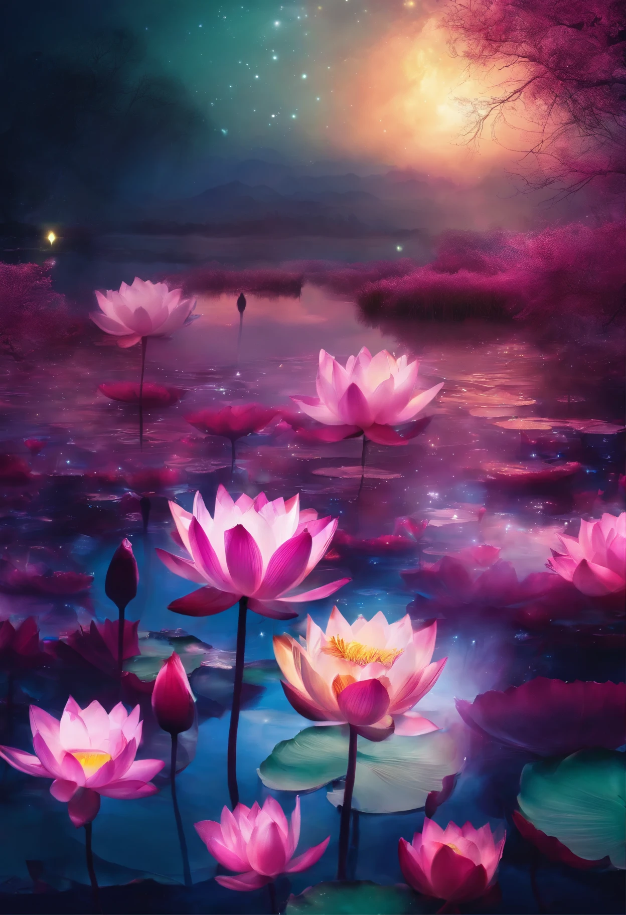 (masterpiece，Real photography，Simple composition：1.5），night，moonlight over lotus pond，plum bossom，Beautiful artistic conception，Realistic style，Magnificent atmosphere