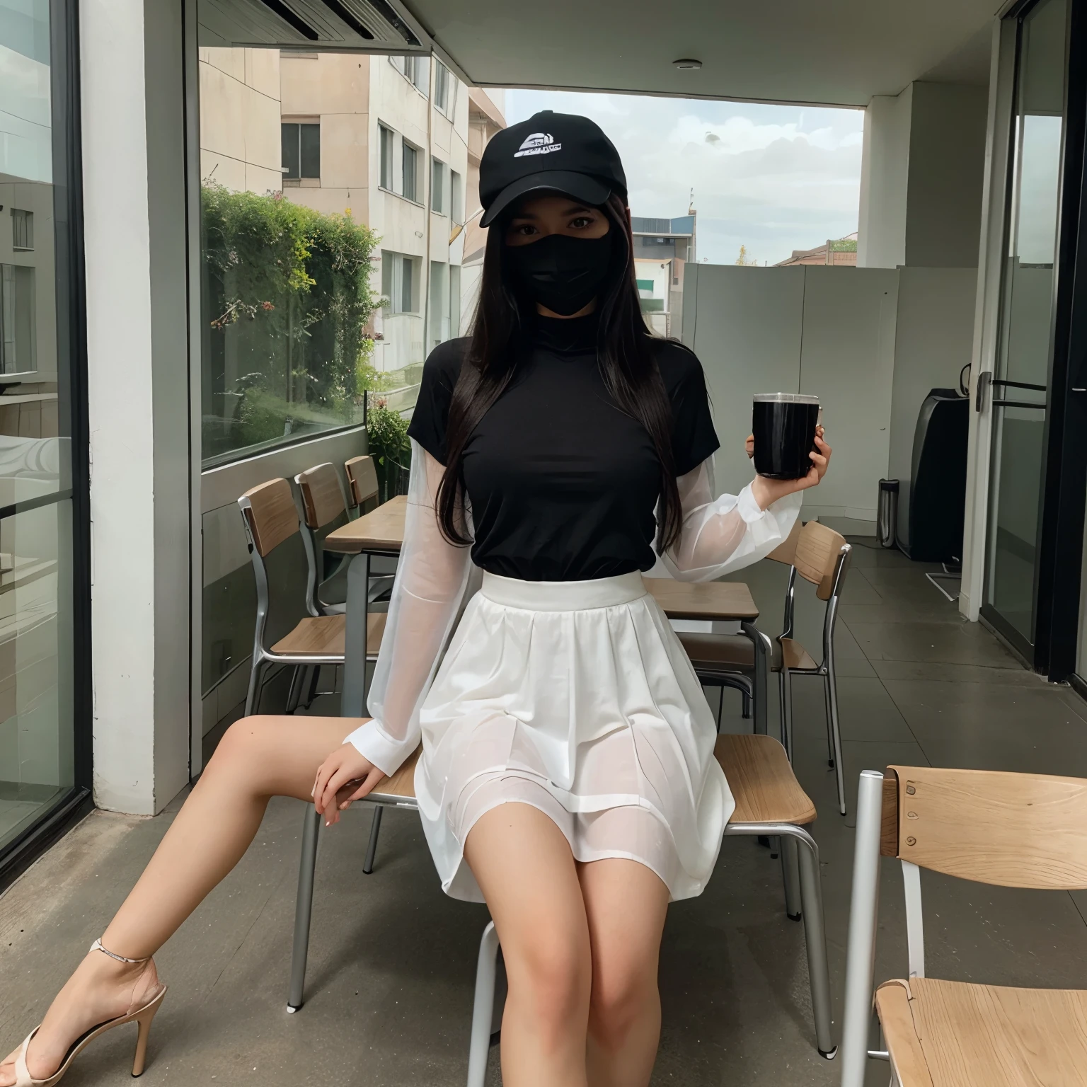 Girls With black mask And Cap, Beautifull Face, Beautifull Body, Long Leg, Long Hand, With Long Skirt, Transparent Shirt, Sit On chairs, Drinking Milk