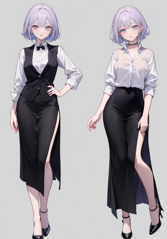 ((Perfect Face)),Purple Hair,High Layer Cut,Adult female,bartender,suit,Black vest,((Shirt with rolled up sleeves)),tie,skirt,slit,High heels,,((Simple Background)),smile,((Full Body)),((full body)),Portraits,virtual,upright,,Both arms are down,upright,