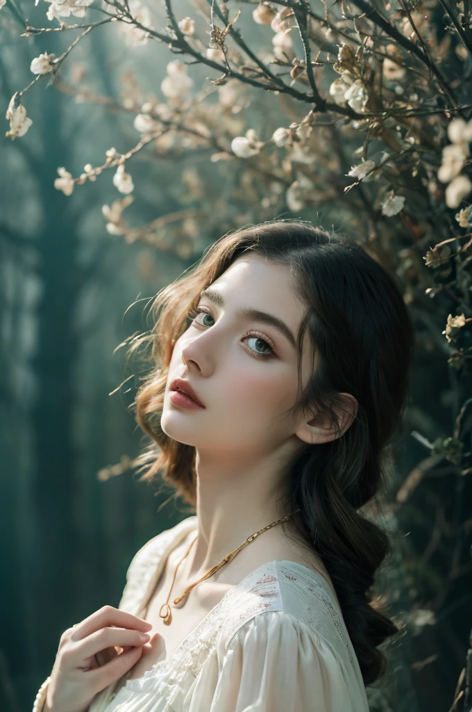 ( masterpiece, top quality, best quality,8k,17 years old girl,ultra detailed,raw photo:1.5),(photorealistic:1.4), (cinematic lighting), PerfectNwsjMajic, , Surrealism, UHD, ccurate, Super detail, textured skin, High detail, Best quality, dynamic angle, White skin,[Beautiful blue eyes], high nose,[flat chest:large breasts:0.5],(1girl),(good anatomy:0.5)), Dreamy atmosphere, Dark,expressive brush strokes, mystical ambiance, Artistic interpretation, Stunning Studio Ghibli style costumes, a whimsical illustration, Subtle colors and tones, mystical aura, jewelry ,sparkling, hairstyles