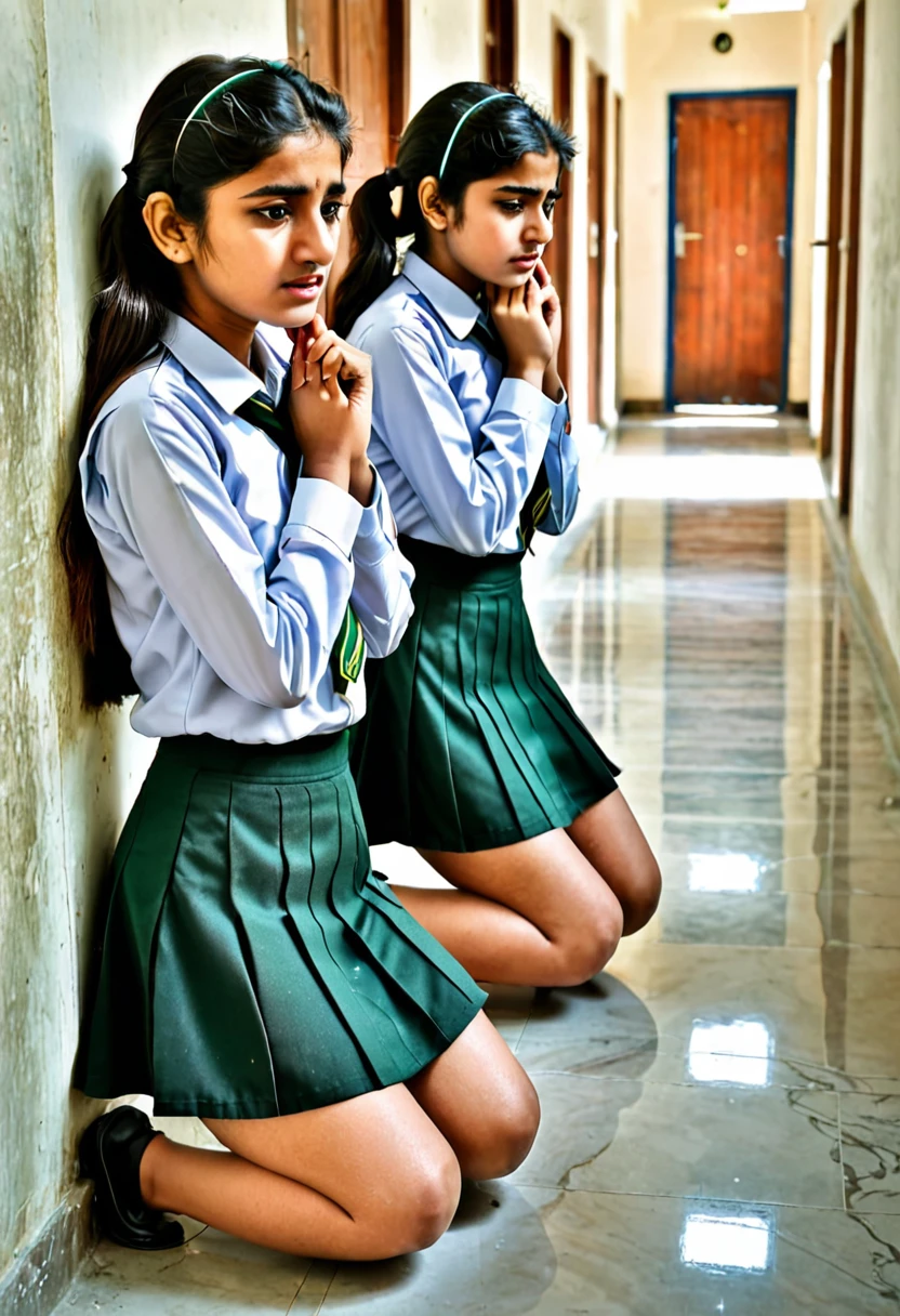 3 pakistani college girls short skirt uniform kneeling down holding ears with her arms in corridor outside classroom facing wall in punishment sad