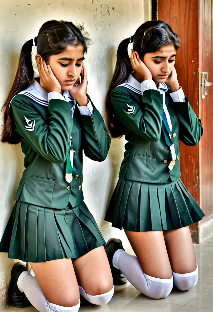 3 pakistani college girls short skirt uniform kneeling down holding ears with her arms in corridor outside classroom facing wall  in punishment sad