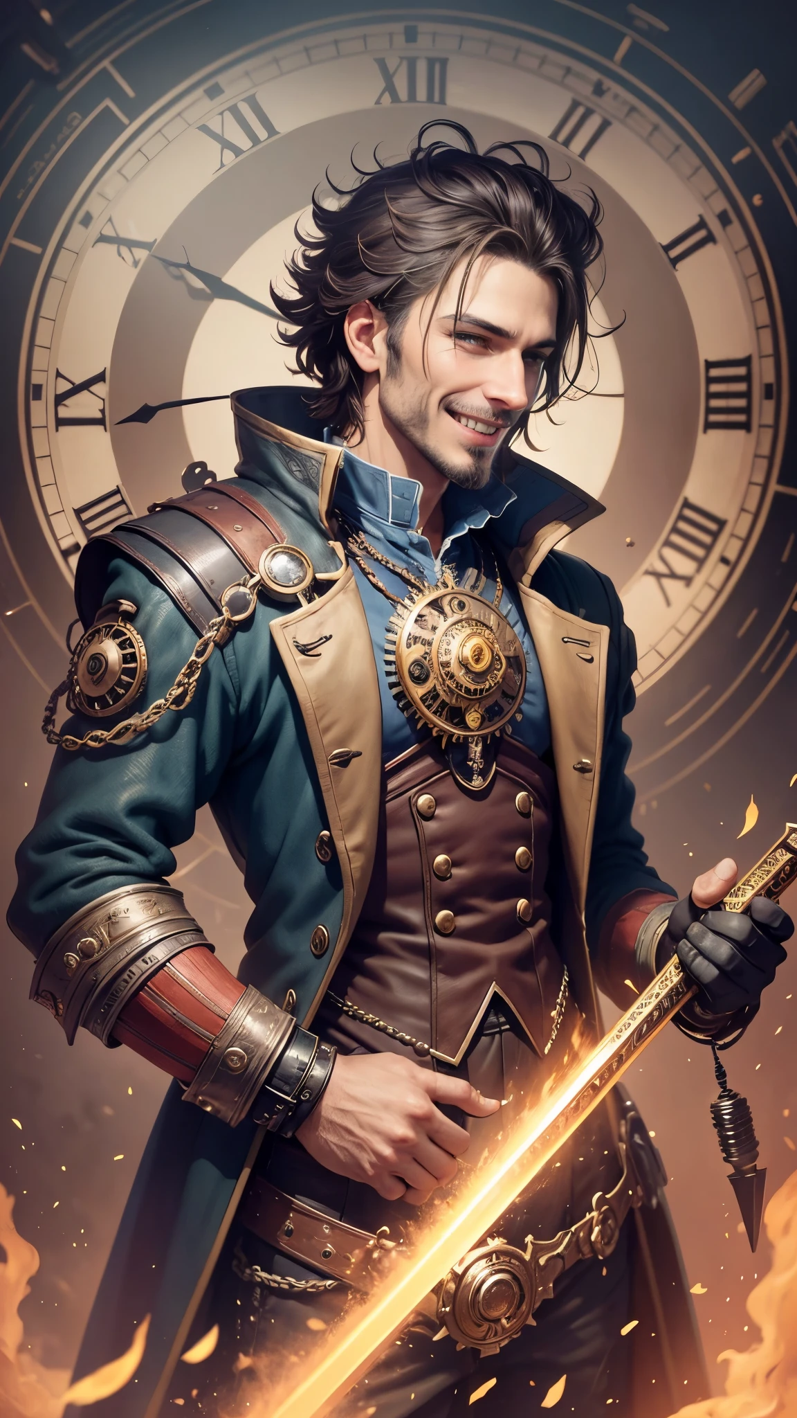 man stands,steampunk, laughing with mouth wide open, clock engine,king,holding a sword,half skull mask,colorfull,glowing ,mechanical wonders and the romance of steam-powered machinery,concept art,character,vibrant colors and depth, showcasing gears, cogs, and clockwork that seem to be in motion