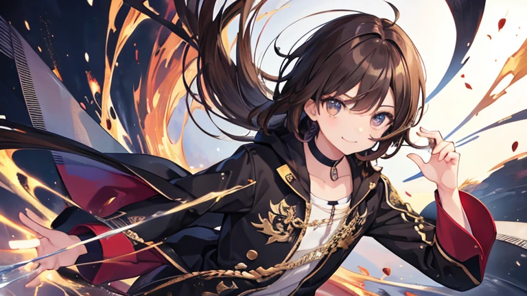 Anime Style,highest quality, masterpiece,black and brown hair, iris, smile,Simple Background,male, fluid movement,pop