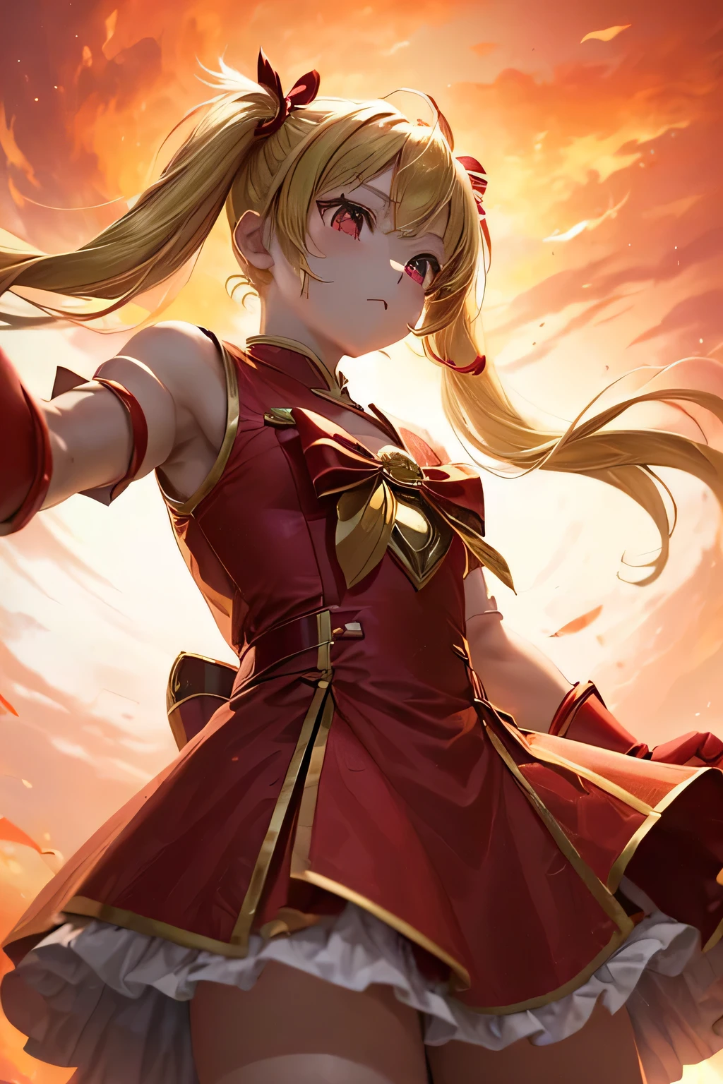 (((fire)))、(((Red skin)))、（((Magical Girl Costume))、(((Blonde twin tails)))、((Fire Armor)）、(((Photo taken from below)))、The background is fire、Strong winds、fire flower
