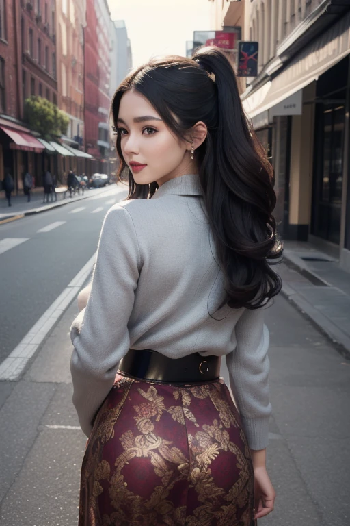 (Realistic、High resolution:1.3)high quality, Ultra-realistic, 8k, masterpiece: 1.3, Very detailed, Very beautiful woman,charm,2 women, Are standing, (look back) (From behind), stylish, Classic silhouette, black midi skirt,Jacket,Bold colors and patterns, Eye-catching accessories, innovative hairstyles, Vibrant makeup, Bright and vivid color scheme, Detailed skin texture, Detailed cloth texture, Sash belt, Mature Woman,A kind smile, (Mouth closed), (masterpiece 最high quality:1.2) Delicate illustrations, super detailed, Big Break,Urban Street,Full body portrait,