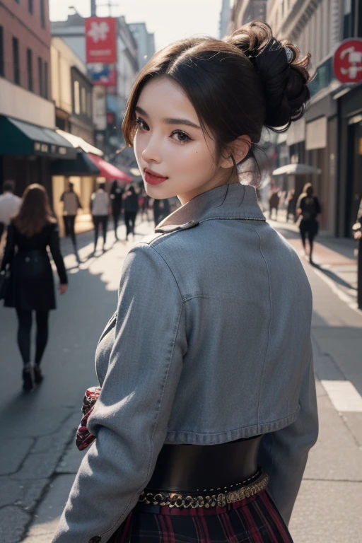 (Realistic、High resolution:1.3)high quality, Ultra-realistic, 8k, masterpiece: 1.3, Very detailed, Very beautiful woman,charm,2 women, Are standing, (look back) (From behind), stylish, Classic silhouette, black midi skirt,Jacket,Bold colors and patterns, Eye-catching accessories, innovative hairstyles, Vibrant makeup, Bright and vivid color scheme, Detailed skin texture, Detailed cloth texture, Sash belt, Mature Woman,A kind smile, (Mouth closed), (masterpiece 最high quality:1.2) Delicate illustrations, super detailed, Big Break,Urban Street,Full body portrait,