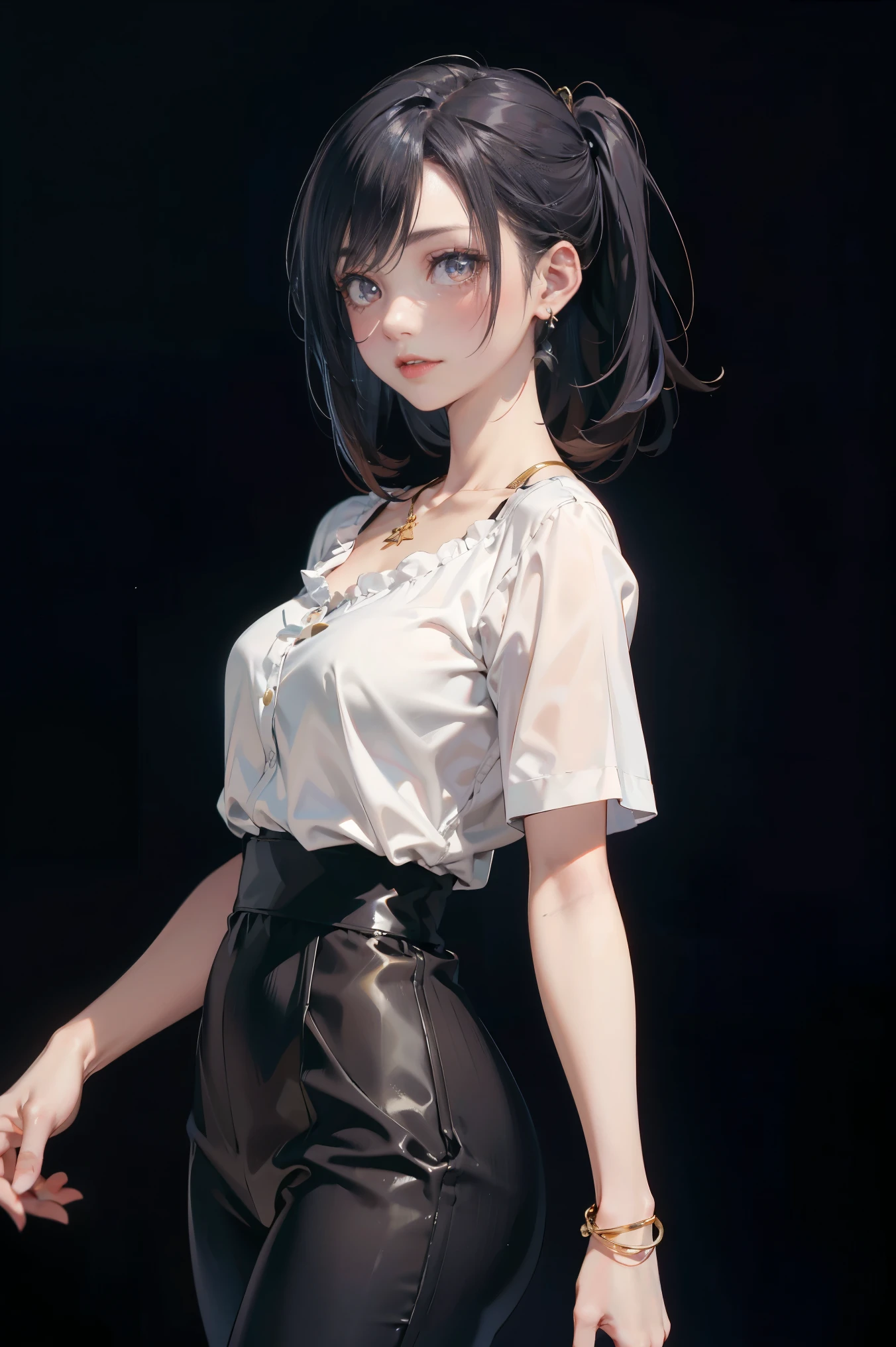 A woman in a white shirt and black pants holding a purse - SeaArt AI