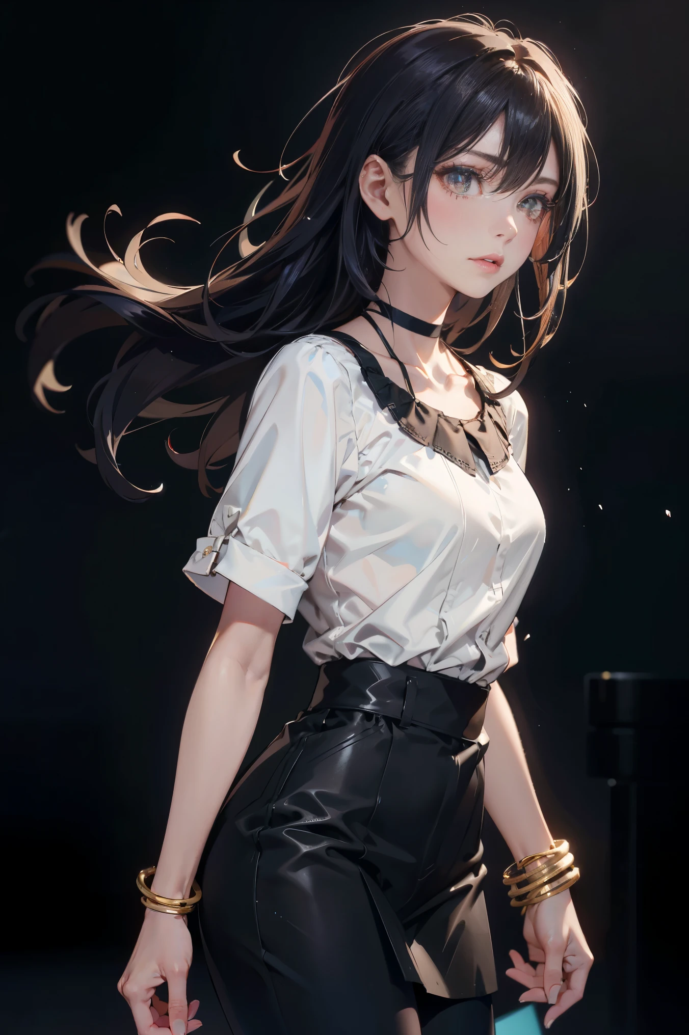 a 20 yo woman、Black blue Hair、poneyTail、(hi-top fade:1.3)、dark themed、Muted Tones、Subdued Color、highly contrast、(natural skin textures、Hyper-Realism、Soft light、sharp)、makeup, mascara, Lips are subdued or colors, simple black background, Minimalism, monotone, simple color palettes, Clean, sharp designs, flowing silhouettes, Tight skirts and pants, high-waisted skirts and pants, simple dresses, shirts and blouses, asymmetrical, geometric, Elegant and luxurious materials and designs, Simple, minimal accessories, Slim necklaces and rings in silver or gold, Simple bangles, Distinctive designs, simple silhouettes, simple and sophisticated style, elegance, minimalism, high quality materials, cool and urban impression, high fashion, simplicity and sophistication,