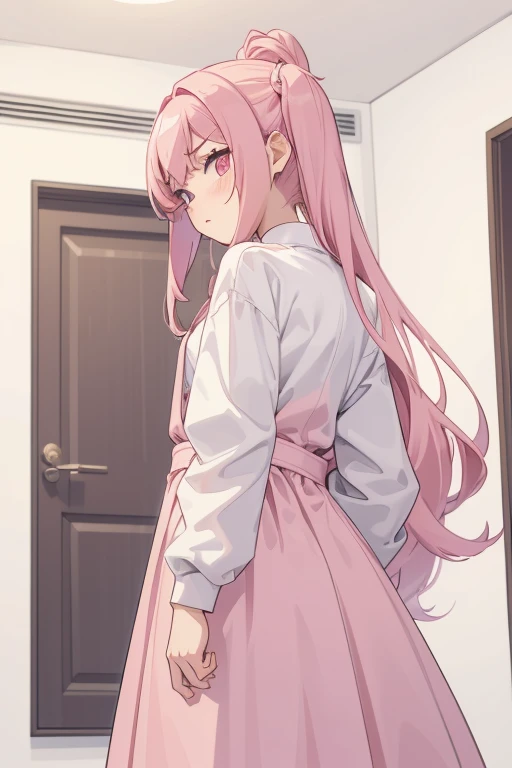 Girls with pink hair, long double-tailed hairstyle, ((small pink bushy eyebrows)), dressed in lolita clothes, marked vagina, lolicon (Zankuro) drawing style by zankuro artist, Zancro style, image uploaded to R34, changing of clothes in a room, semi naked with underwear in her hands looking away, not looking at the camera (hidden camera recording her, security camera filter recording her)