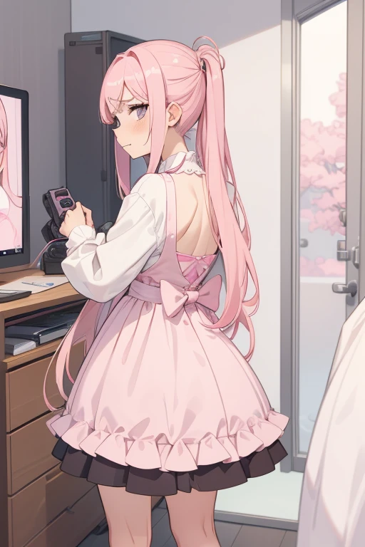 score_9,score_8_up,score_7_up,masterpiece, top quality, best quality, official art, beautiful and aesthetic, animation, , 1girl with cat ear, perfect figure, pink hair, complicated details, bedroom, back to you, JK uniform, pink pleated skirt, white shirt, long pink hair ,