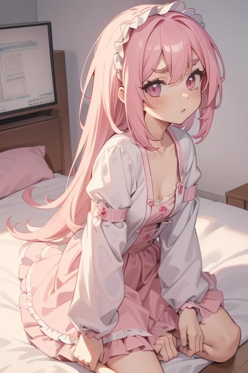 Girls with pink hair, long double-tailed hairstyle, ((small pink bushy eyebrows)), dressed in lolita clothes, marked vagina, lolicon (Zankuro) drawing style by zankuro artist, Zancro style, image uploaded to R34, changing of clothes in a room, semi naked with underwear in her hands, sexy flirtatious look, not looking at the camera (hidden camera recording her, security camera filter recording her) (Getting fucked from behind while setting up a camera)