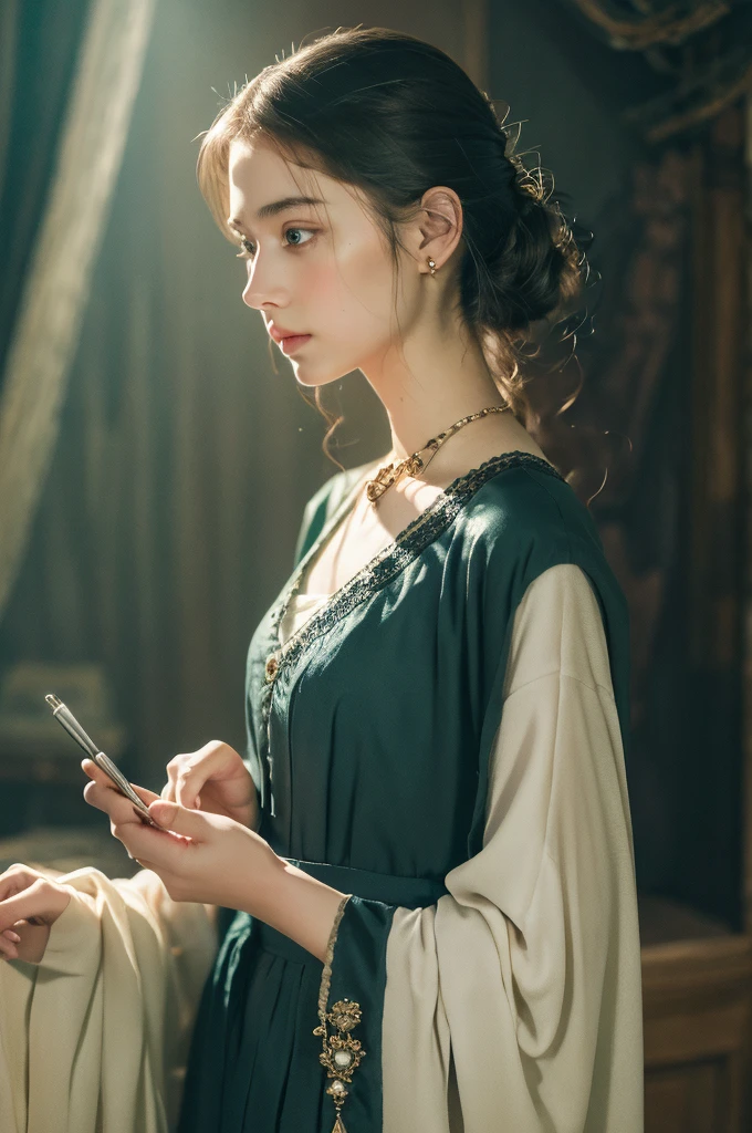 ( masterpiece, top quality, best quality,8k, girl,ultra detailed,raw photo:1.5),(photorealistic:1.4), (cinematic lighting), PerfectNwsjMajic, , Surrealism, UHD, ccurate, Super detail, textured skin, High detail, Best quality, dynamic angle, White skin,[Beautiful blue eyes], high nose,[flat chest:large breasts:0.5],(1girl),(good anatomy:0.5)), Dreamy atmosphere, Dark,expressive brush strokes, mystical ambiance, Artistic interpretation, Stunning Studio Ghibli style costumes, a whimsical illustration, Subtle colors and tones, mystical aura, jewelry ,sparkling, hairstyles
