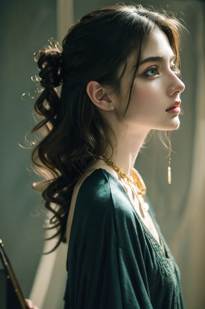 ( masterpiece, top quality, best quality,8k, girl,ultra detailed,raw photo:1.5),(photorealistic:1.4), (cinematic lighting), PerfectNwsjMajic, , Surrealism, UHD, ccurate, Super detail, textured skin, High detail, Best quality, dynamic angle, White skin,[Beautiful blue eyes], high nose,[flat chest:large breasts:0.5],(1girl),(good anatomy:0.5)), Dreamy atmosphere, Dark,expressive brush strokes, mystical ambiance, Artistic interpretation, Stunning Studio Ghibli style costumes, a whimsical illustration, Subtle colors and tones, mystical aura, jewelry ,sparkling, hairstyles