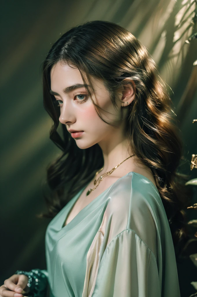 ( masterpiece, top quality, best quality,8k,17 years old girl,ultra detailed,raw photo:1.5),(photorealistic:1.4), (cinematic lighting), PerfectNwsjMajic, , Surrealism, UHD, ccurate, Super detail, textured skin, High detail, Best quality, dynamic angle, White skin,[Beautiful blue eyes], high nose,[flat chest:large breasts:0.5],(1girl),(good anatomy:0.5)), Dreamy atmosphere, Dark,expressive brush strokes, mystical ambiance, Artistic interpretation, Stunning Studio Ghibli style costumes, a whimsical illustration, Subtle colors and tones, mystical aura, jewelry ,sparkling, hairstyles