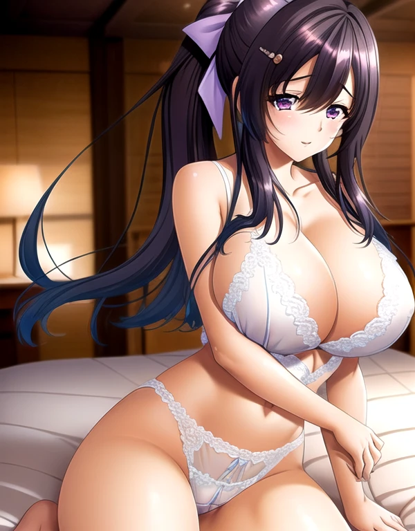 long_hair, purple_Eye,1 girl, 20 years,Young women,fair Finger,fair long legs,fair body,fair Nose,fair character design, perfect Eye, perfect Face,expressive Eye,Perfect balance, Looking at the audience,(Focus on her Face),Shut up, (Innocent_Large target_Eye:1.0),Light_Smile, official art,Extremely detailed CG Unity 8K wallpaper, Perfect lighting,rich and colorful, bright_front_Face_Lighting,有Light泽的皮肤, (masterpiece:1.0),(the best_quality:1.0), Ultra-high resolution,4K,Super detailed, photography, 8k, HDR, high resolution, absurd:1.2, Kodak Portrait 400, Film Grain, Blurred background, Bokeh:1.2, 鏡頭Light暈, (Energetic_color:1.2),专业photography师, (fair,Large target_breast:1.4), (fair_Face:1.5),(narrow_waist),yellow lingerie,Yellow lace,bra, underwear,lingerie, Slim sexy body, full body