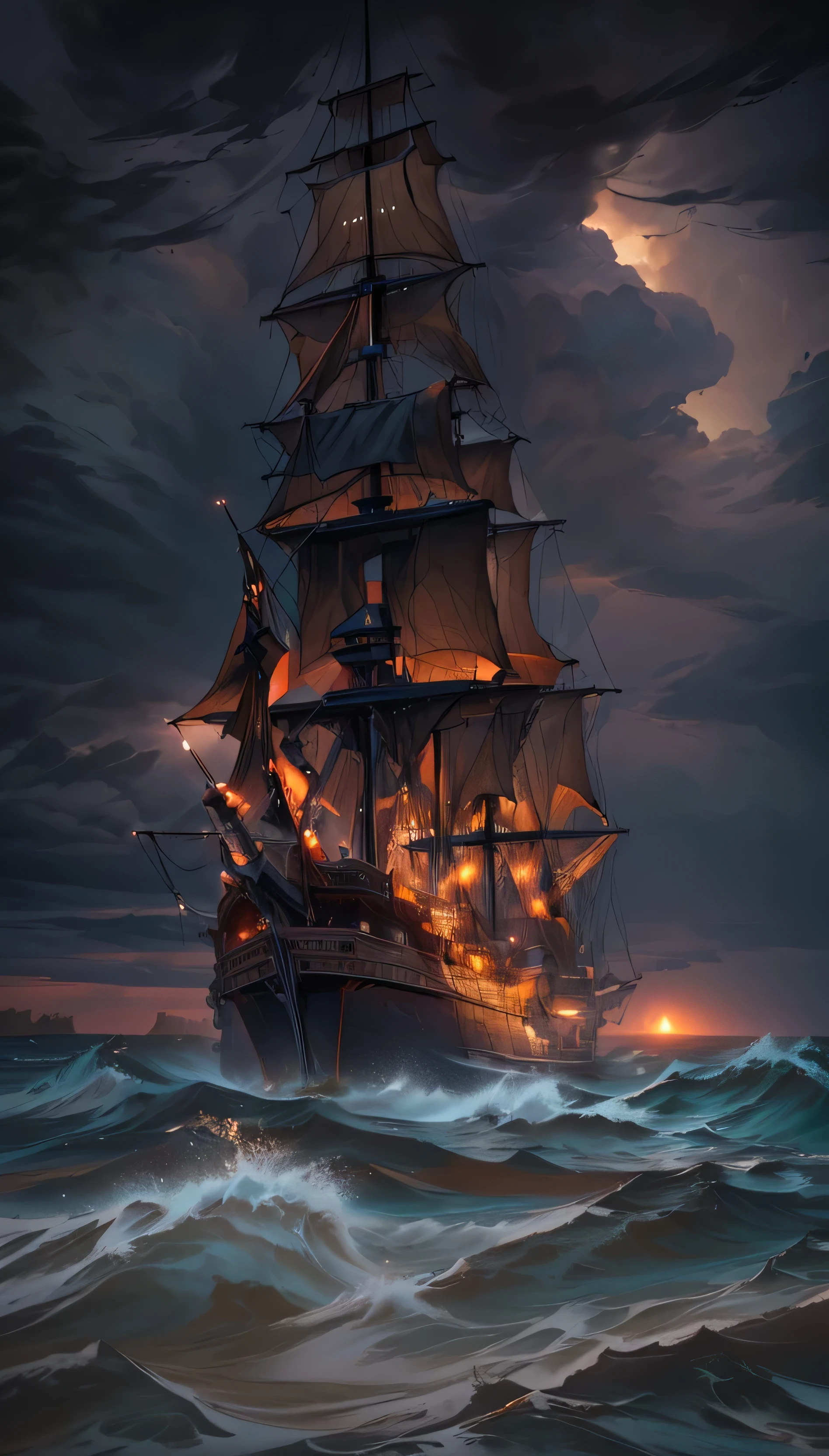 there is a Ship that is floating in the ocean at night, a Ship lost in a storm, gothic Ship on ocean, Ship at sea, dramatic nautical scene, Storm at sea, in rough seas with big waves, Shipwreck, old pirate Ship, on a pirate Ship background, The Flying Dutchman, Apocalyptic stormy seas, Stormy seas, Night sea storm, Ship