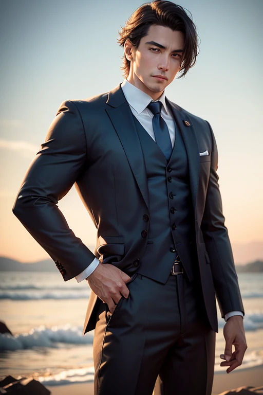 male、茶色の髪のmaleの子、wearing a suit and a tie、A photo with the body and head in a straight line, Turn the photo to face the viewer, The eye is fixed on the lens, In the photo you can see the shoulders and head, 写真中央のmale, 8k, highest quality, Tabletop, Realistic, Realistic photo, Cinematic photography, ultra Realistic,  Perfect lighting, DSRL, Professional photos, 4K Muscular