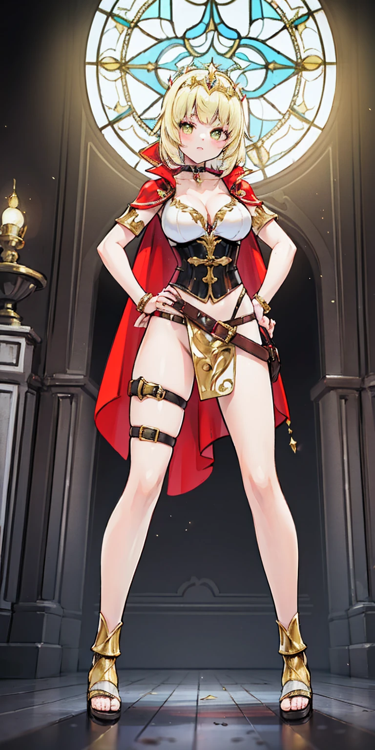 paladin lady in ornate golden armor, black collar, pauldrons, breastplate, corset, glowing halo, single braid, blonde, yellow glowing eyes, bright pupils, eye focus, red cape, temple indoors, stained glass windows, night, moonlight, particles, light beam, chromatic aberration, (full body, whole body. 1solo (girl). slave fighter, loincloth standing, hands on hips full body, whole body. 1solo (girl). slave fighter, loincloth standing, hands on hips, metal sandals, backpack, choker, big belt, view from below, feet together, bracers, tiara)