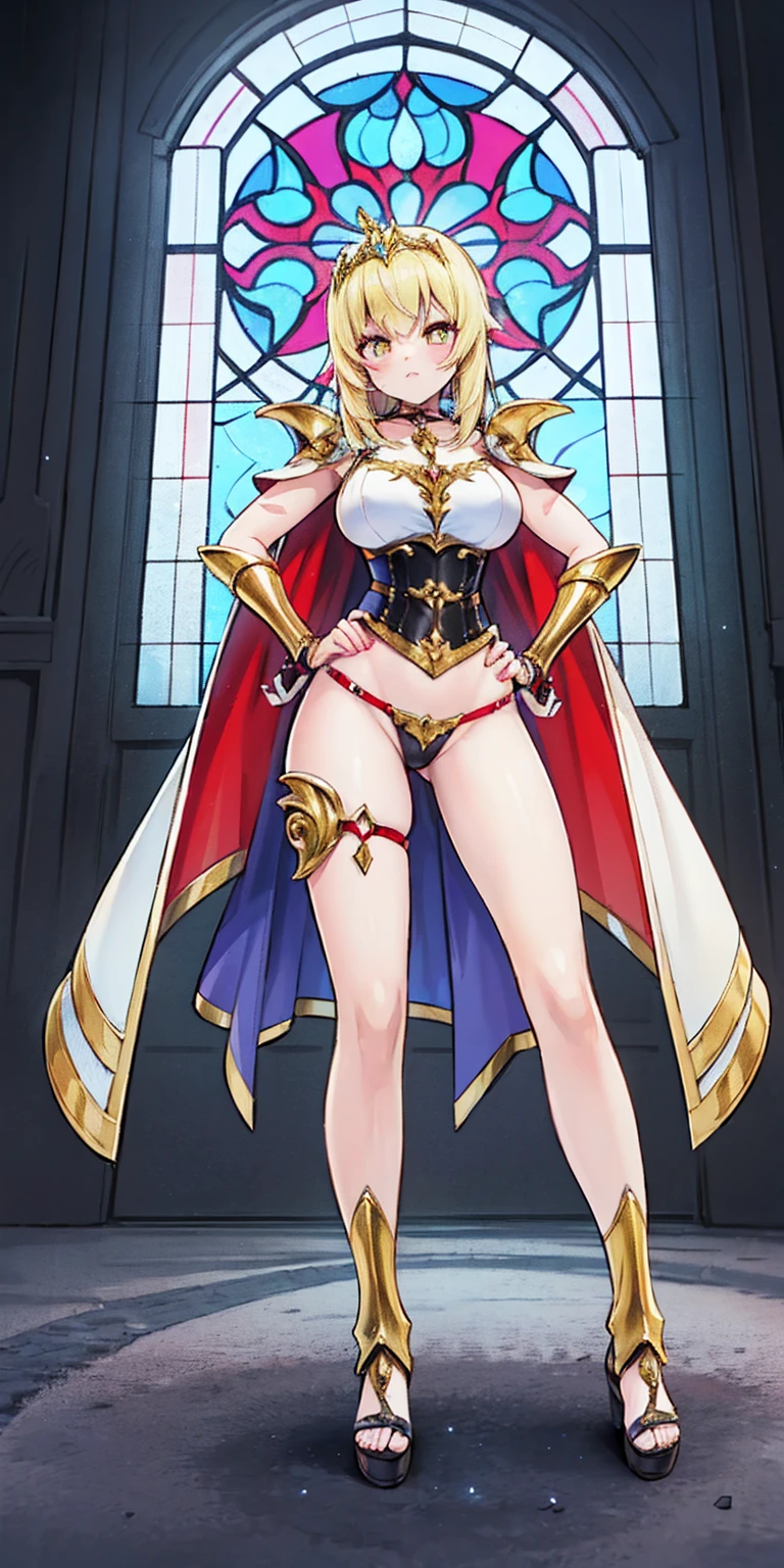 paladin lady in ornate golden armor, black collar, pauldrons, breastplate, corset, glowing halo, single braid, blonde, yellow glowing eyes, bright pupils, eye focus, red cape, temple indoors, stained glass windows, night, moonlight, particles, light beam, chromatic aberration, (full body, whole body. 1solo (girl). slave fighter, loincloth standing, hands on hips full body, whole body. 1solo (girl). slave fighter, loincloth standing, hands on hips, metal sandals, backpack, choker, big belt, view from below, feet together, bracers, tiara)