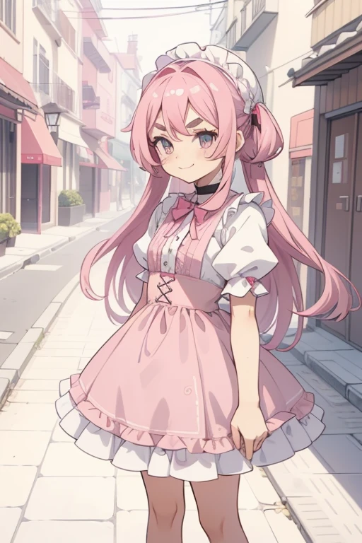 Girl with pink hair, long double-tailed hairstyle, ((small pink bushy eyebrows)), dressed in lolita clothing, marked vagina, lolicon (Zankuro) drawing style by zankuro artist, Zancro style, image uploaded to R34, standing in a street smiling