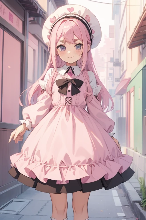 Girl with pink hair, long double-tailed hairstyle, ((small pink bushy eyebrows)), dressed in lolita clothing, marked vagina, lolicon (Zankuro) drawing style by zankuro artist, Zancro style, image uploaded to R34, standing in a street smiling