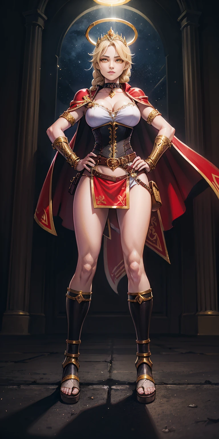 paladin lady in ornate golden armor, black collar, pauldrons, breastplate, corset, glowing halo, single braid, blonde, yellow glowing eyes, bright pupils, eye focus, red cape, temple indoors, stained glass windows, night, moonlight, particles, light beam, chromatic aberration, (full body, whole body. 1solo (girl). slave fighter, loincloth standing, hands on hips full body, whole body. 1solo (girl). slave fighter, loincloth standing, hands on hips, metal sandals, backpack, choker, big belt, view from below, feet together, bracers, tiara)