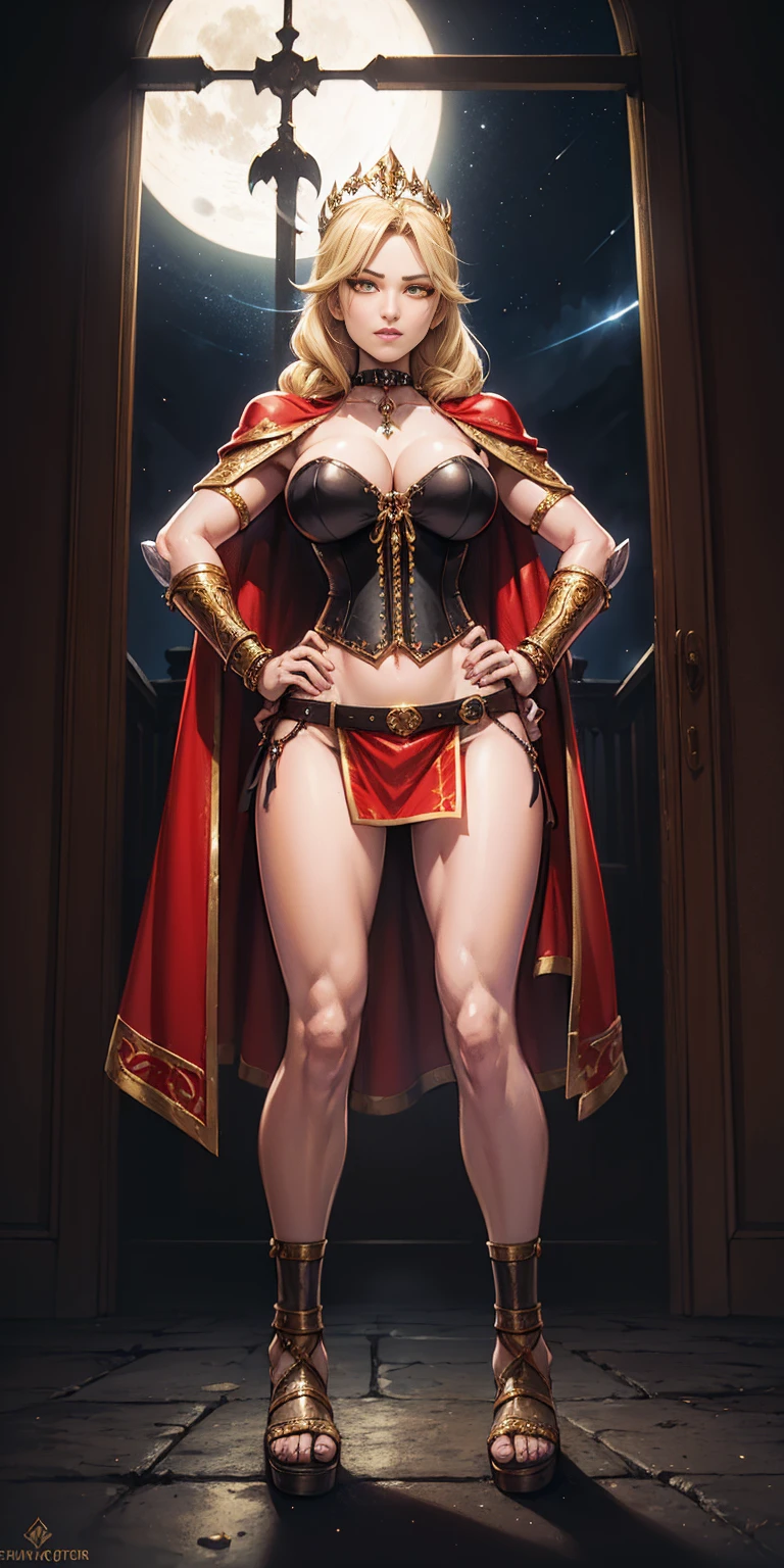 paladin lady in ornate golden armor, black collar, pauldrons, breastplate, corset, glowing halo, single braid, blonde, yellow glowing eyes, bright pupils, eye focus, red cape, temple indoors, stained glass windows, night, moonlight, particles, light beam, chromatic aberration, (full body, whole body. 1solo (girl). slave fighter, loincloth standing, hands on hips full body, whole body. 1solo (girl). slave fighter, loincloth standing, hands on hips, metal sandals, backpack, choker, big belt, view from below, feet together, bracers, tiara)