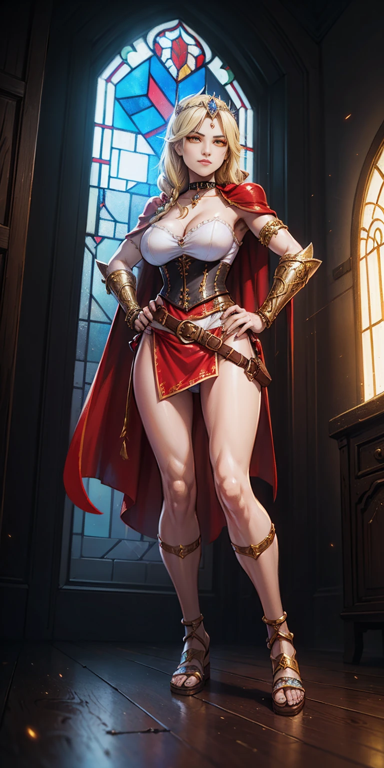 paladin lady in ornate golden armor, black collar, pauldrons, breastplate, corset, glowing halo, single braid, blonde, yellow glowing eyes, bright pupils, eye focus, red cape, temple indoors, stained glass windows, night, moonlight, particles, light beam, chromatic aberration, (full body, whole body. 1solo (girl). slave fighter, loincloth standing, hands on hips full body, whole body. 1solo (girl). slave fighter, loincloth standing, hands on hips, metal sandals, backpack, choker, big belt, view from below, feet together, bracers, tiara)