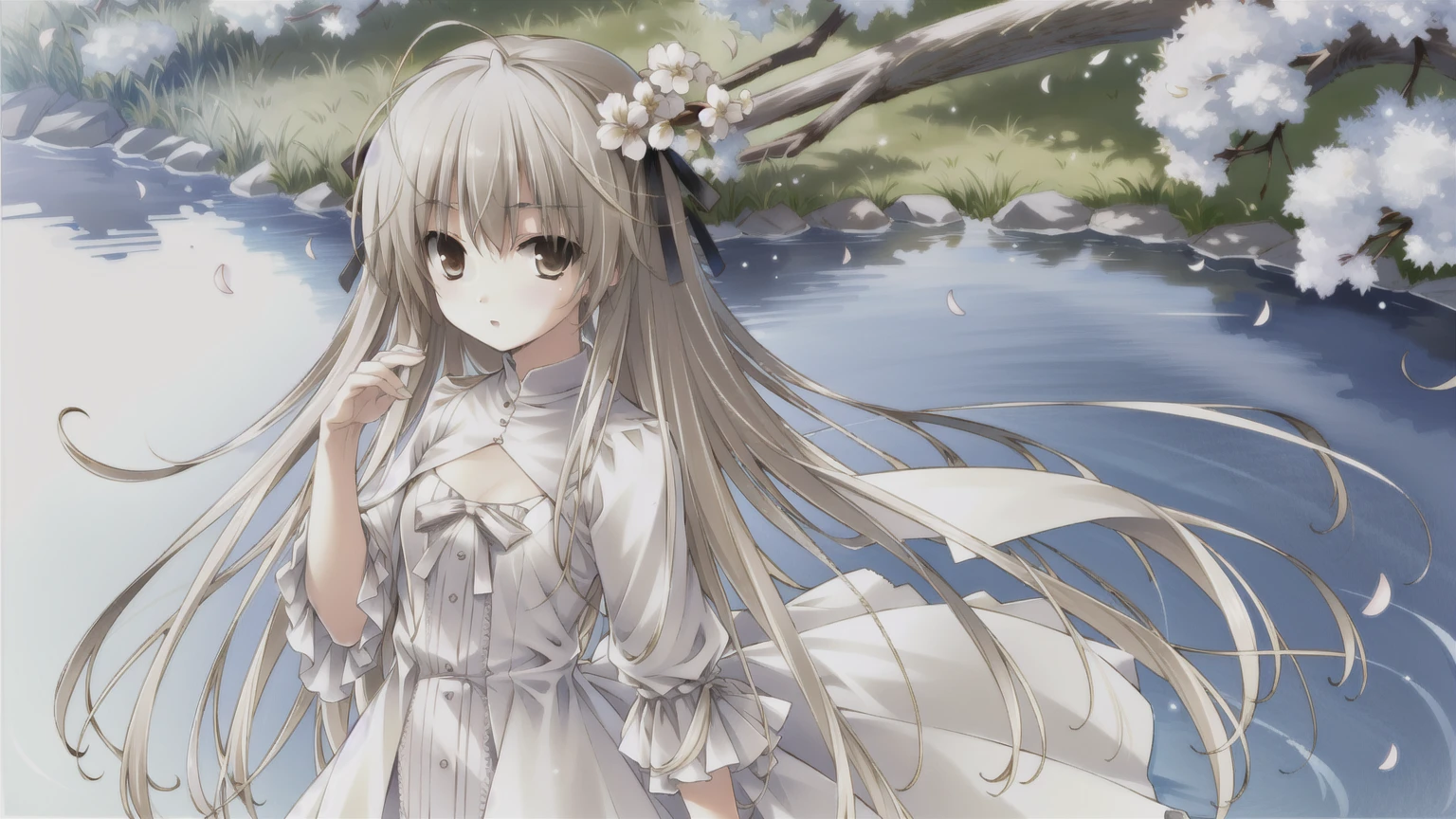 ((masterpiece:1.4, best quality)) ,Kasugano Sora,Handsome cool girl,Brown eyes,Long straight hair，outdoor，Under the cherry trees，Cherry blossoms in full bloom