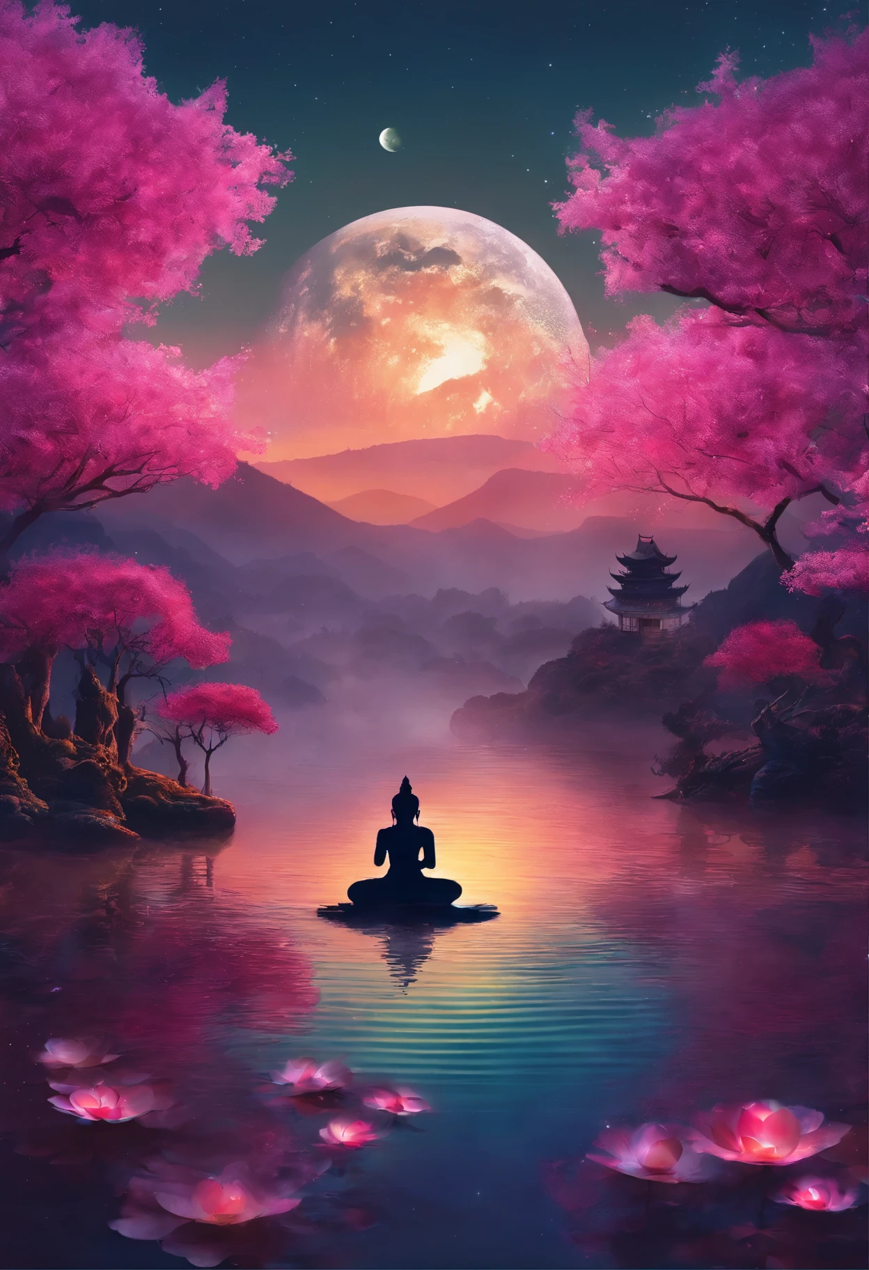 (masterpiece,Real photography,Simple composition:1.5),night,moonlight over lotus pond,plum bossom,Beautiful artistic conception,Realistic style,Magnificent atmosphere,Staff,Shakyamuni Buddha