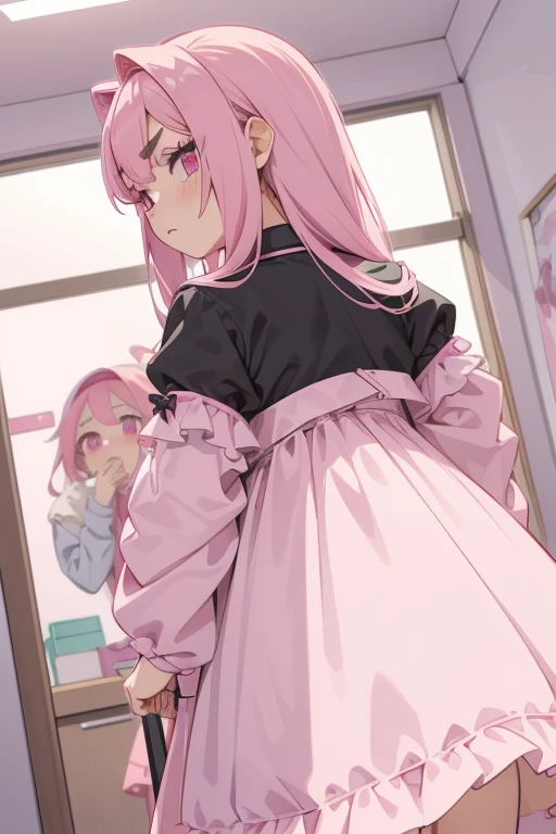 Girls with pink hair, long double-tailed hairstyle, ((small pink bushy eyebrows)), dressed in lolita clothes, marked vagina, lolicon (Zankuro) drawing style by zankuro artist, Zancro style, image uploaded to R34, changing of clothes in a room, looking away, not looking at the camera (hidden camera recording it, security camera filter recording it)