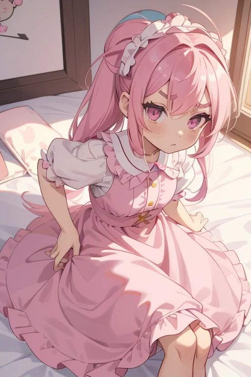 Girls with pink hair, long double-tailed hairstyle, ((small pink bushy eyebrows)), dressed in ta clothes, marked vagina, loli(Zankuro) drawing style by zankuro artist, Zancro style, image uploaded to R34, changing of clothes in a room, looking away, not looking at the camera (hidden camera recording it, security camera filter recording it)