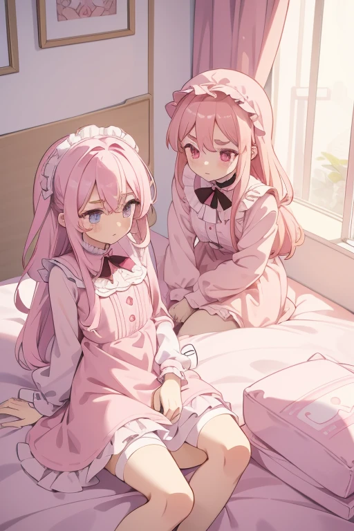 Girls with pink hair, long double-tailed hairstyle, ((small pink bushy eyebrows)), dressed in lolita clothes, marked vagina, lolicon (Zankuro) drawing style by zankuro artist, Zancro style, image uploaded to R34, changing of clothes in a room, looking away, not looking at the camera (hidden camera recording it, security camera filter recording it)