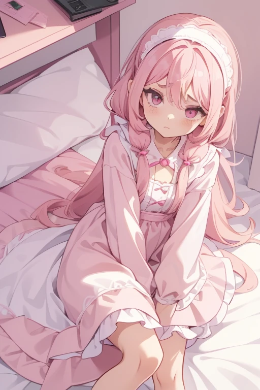 Girls with pink hair, long double-tailed hairstyle, ((small pink bushy eyebrows)), dressed in lolita clothes, marked vagina, lolicon (Zankuro) drawing style by zankuro artist, Zancro style, image uploaded to R34, changing of clothes in a room, looking away, not looking at the camera (hidden camera recording it, security camera filter recording it)