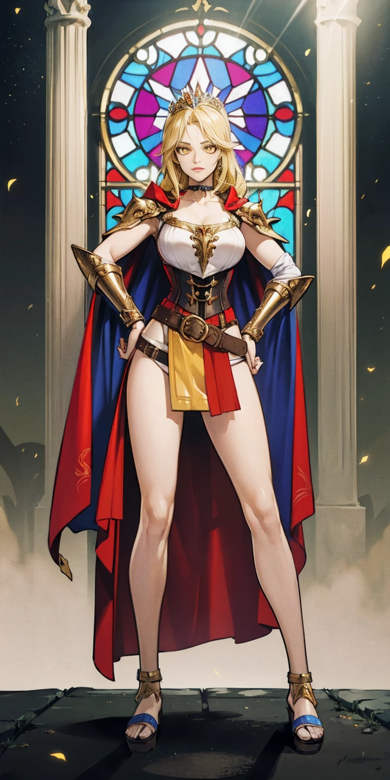 paladin lady in ornate golden armor, black collar, pauldrons, breastplate, corset, glowing halo, single braid, blonde, yellow glowing eyes, bright pupils, eye focus, red cape, temple indoors, stained glass windows, night, moonlight, particles, light beam, chromatic aberration, (full body, whole body. 1solo (girl). slave fighter, loincloth standing, hands on hips full body, whole body. 1solo (girl). slave fighter, loincloth standing, hands on hips, metal sandals, backpack, choker, big belt, view from below, feet together, bracers, tiara)