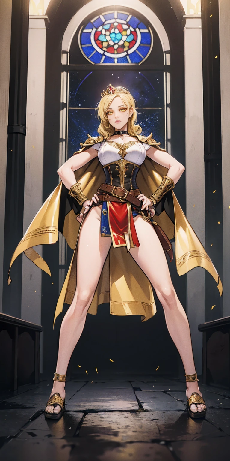 paladin lady in ornate golden armor, black collar, pauldrons, breastplate, corset, glowing halo, single braid, blonde, yellow glowing eyes, bright pupils, eye focus, red cape, temple indoors, stained glass windows, night, moonlight, particles, light beam, chromatic aberration, (full body, whole body. 1solo (girl). slave fighter, loincloth standing, hands on hips full body, whole body. 1solo (girl). slave fighter, loincloth standing, hands on hips, metal sandals, backpack, choker, big belt, view from below, feet together, bracers, tiara)