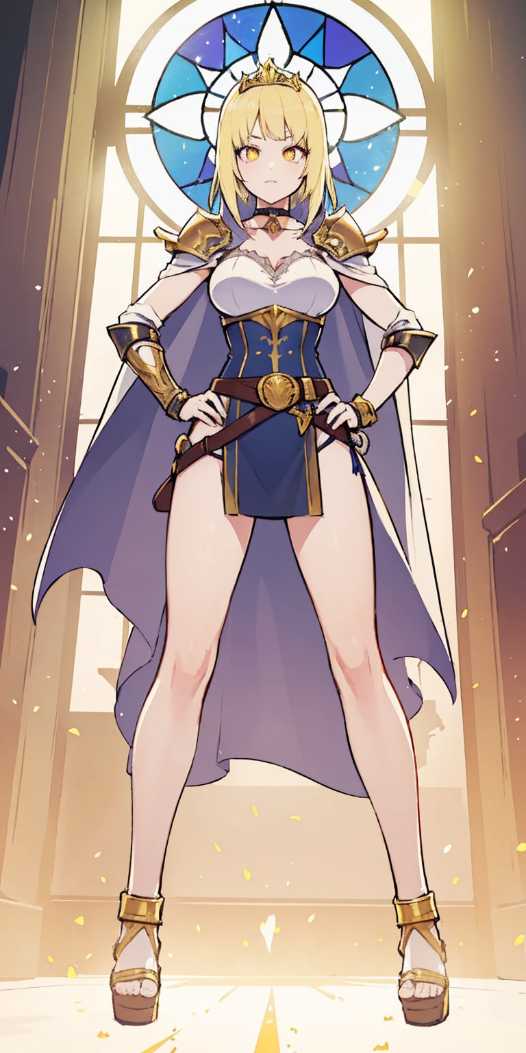 paladin lady in ornate golden armor, black collar, pauldrons, breastplate, corset, glowing halo, single braid, blonde, yellow glowing eyes, bright pupils, eye focus, red cape, temple indoors, stained glass windows, night, moonlight, particles, light beam, chromatic aberration, (full body, whole body. 1solo (girl). slave fighter, loincloth standing, hands on hips full body, whole body. 1solo (girl). slave fighter, loincloth standing, hands on hips, metal sandals, backpack, choker, big belt, view from below, feet together, bracers, tiara)