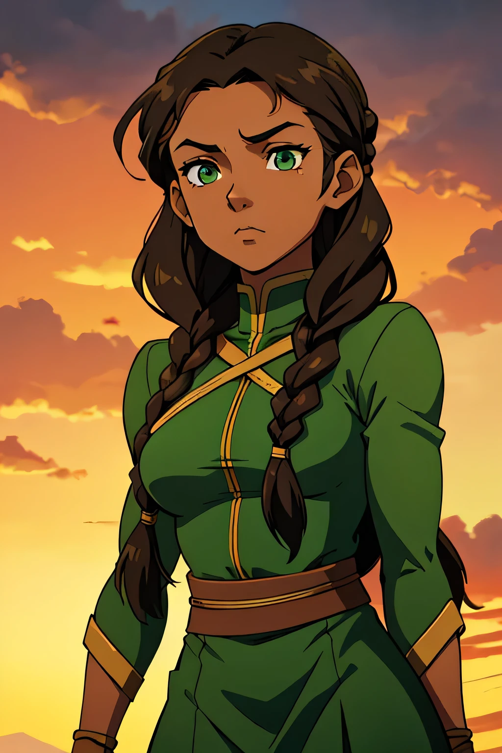 Earthbender human woman with tanned skin. She is a 16-year-old teenager with green eyes and green clothing. Her hair is brown in a just ONE braid. She is beautiful and her skin is dark in color. Her skin is slightly dark. Earthbender. Tsundere face. Beatifule and elegant large clothes