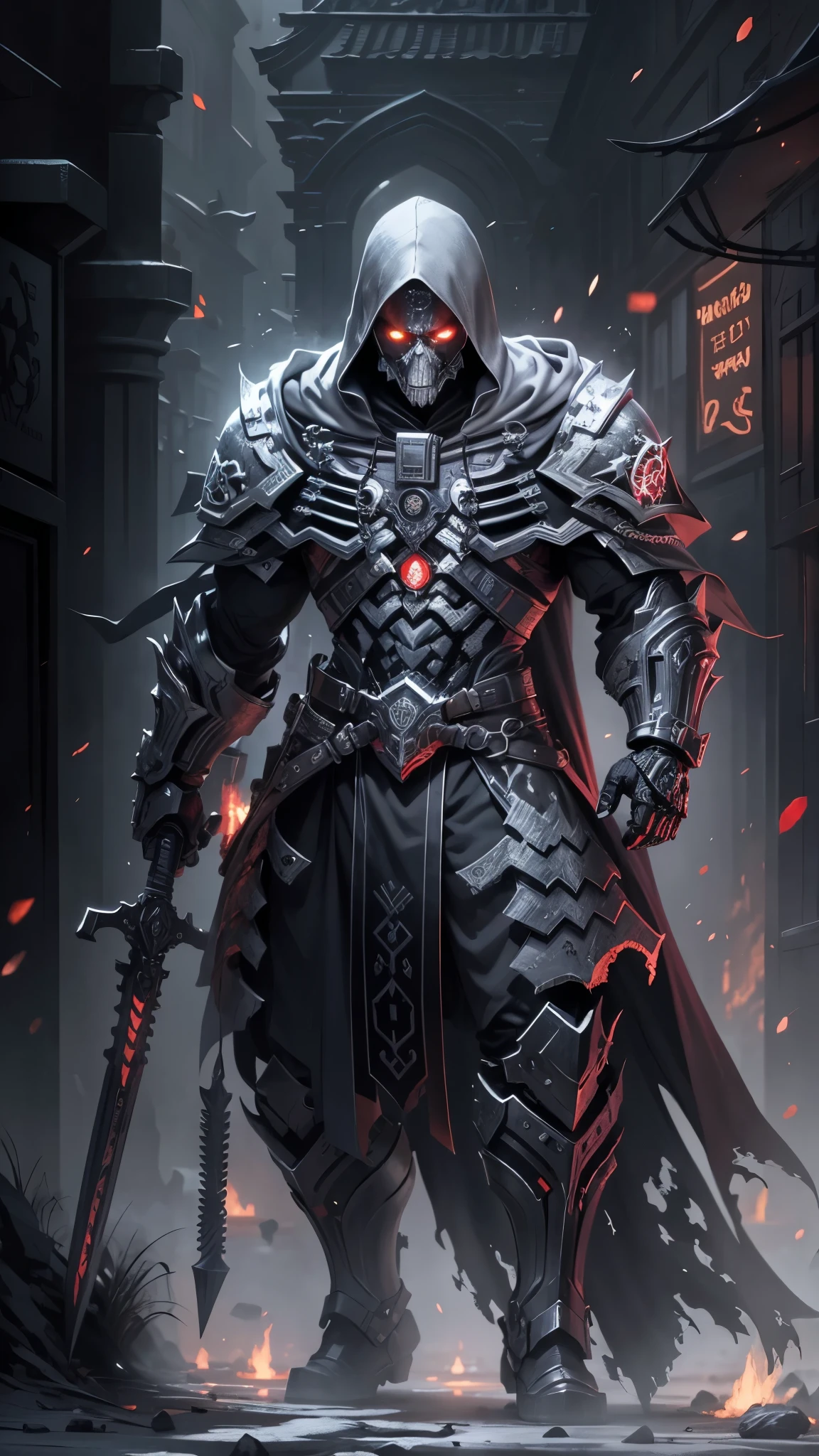 masterpiece, best quality, high resolution, perfect lighting, extremely detailed, (Terminator assasin), battle scared white and black carbon armor, Wearing a dark cloak with hood, skull face just visable under hood, full_armor, humanoid, Metal Human skull head, at night, (extreme detailed micro mechcanical scary Metal human skull design). Samurai sword shinning silver, Runes decorative embossments over his cloak, slim muscular body fast agile and stealthy, Hiding in the shadows of a backstreet, UHD CYBORG