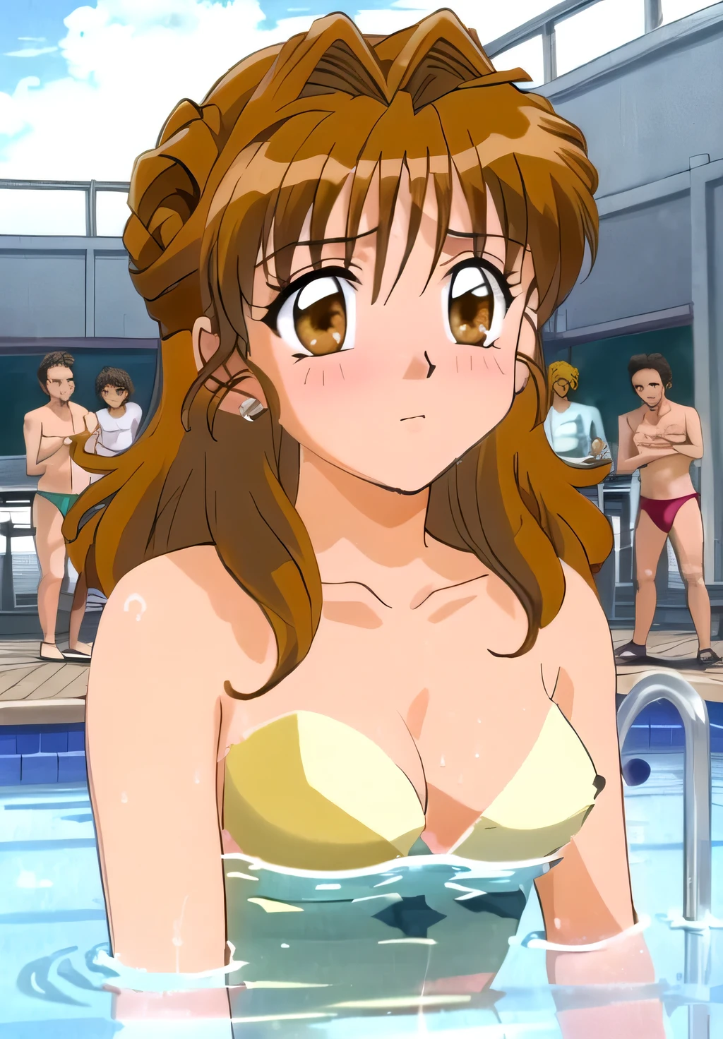 Maron,((male physical education teacher)),woman1people,((male1people)),((nsfw)),((((topless)))),((((bikini)))),((No bra)),((Nipples)),pupil_Brown,Embarrassing, Open your mouth,((surprise)),((blush)),((Pool)),((Maron and the PE teacher are in the Pool)),masterpiece, expensive_quality, very_expensive_solve, big_file size, Full Color,