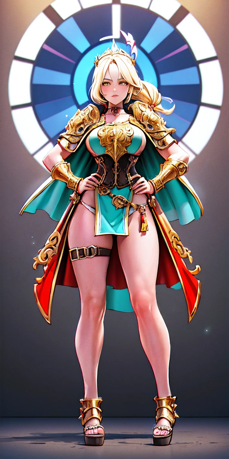 paladin lady in ornate golden armor, black collar, pauldrons, breastplate, corset, glowing halo, single braid, blonde, yellow glowing eyes, bright pupils, eye focus, red cape, temple indoors, stained glass windows, night, moonlight, particles, light beam, chromatic aberration, (full body, whole body. 1solo (girl). slave fighter, loincloth standing, hands on hips full body, whole body. 1solo (girl). slave fighter, loincloth standing, hands on hips, metal sandals, backpack, choker, big belt, view from below, feet together, bracers, tiara)