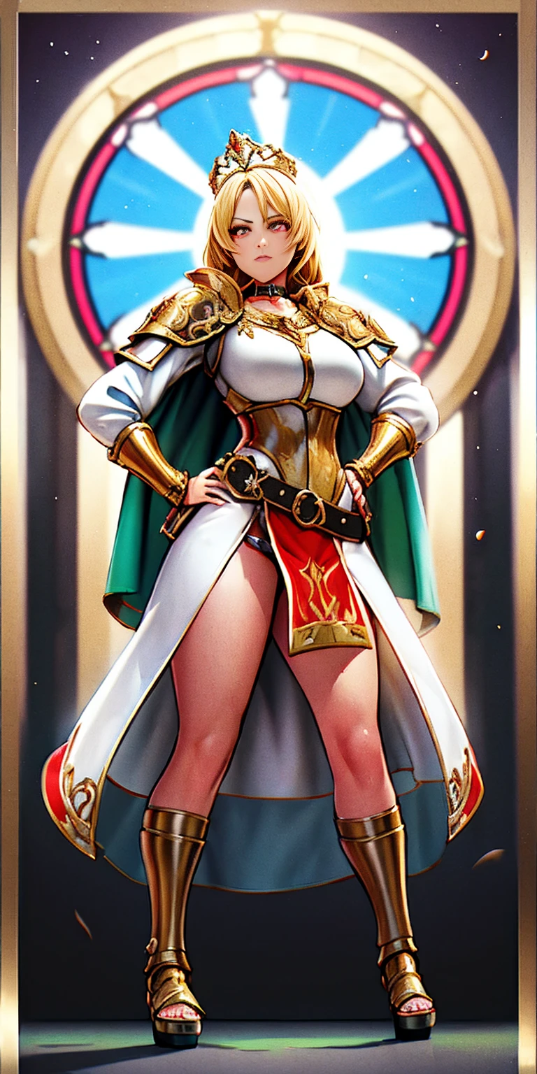 paladin lady in ornate golden armor, black collar, pauldrons, breastplate, corset, glowing halo, single braid, blonde, yellow glowing eyes, bright pupils, eye focus, red cape, temple indoors, stained glass windows, night, moonlight, particles, light beam, chromatic aberration, (full body, whole body. 1solo (girl). slave fighter, loincloth standing, hands on hips full body, whole body. 1solo (girl). slave fighter, loincloth standing, hands on hips, metal sandals, backpack, choker, big belt, view from below, feet together, bracers, tiara)