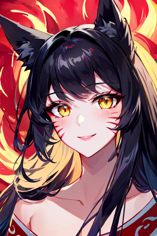 beautiful womean, Ahri, facial mark, bare shoulders, cleavage, black hair, yellow eyes, smiling, red marks on face, close-up, (((multiple tails, ninetales))), high heels, whole body
