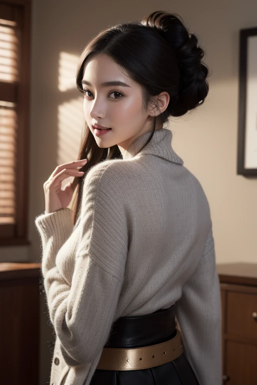 (Realistic、High resolution:1.3)high quality, Ultra-realistic, 8k, masterpiece: 1.3, Very detailed, Very beautiful woman,charm,2 women, Are standing, (look back) (From behind), stylish, Classic silhouette, black midi skirt,Cashmere cardigan,Bold colors and patterns, Eye-catching accessories, innovative hairstyles, Vibrant makeup, Bright and vivid color scheme, Detailed skin texture, Detailed cloth texture, Sash belt, Mature Woman,A kind smile, (Mouth closed), (masterpiece 最high quality:1.2) Delicate illustrations, super detailed, Big Break,office,Full body portrait,