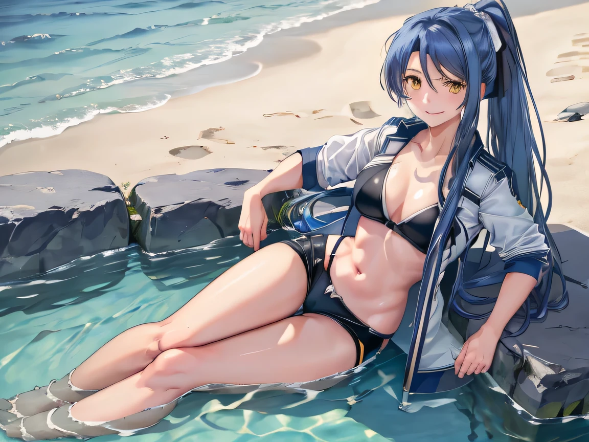 1girl, Laura_S_Arseid_/(sen_no_kiseki/), /(sen_no_kiseki/), medium breasts, long hair, ponytail, (blue hair), yellow eyes, seductive smile, beautiful beach, bikini, one hand on hip, swim shorts, open fly, open shorts, unzipped shorts, bare legs, bare feet, expose thong, midriff, playing in water, (masterpiece), (best quality), (absurdres), (high-res), (perfect anatomy), (4k), (detailed body), (detailed hair)