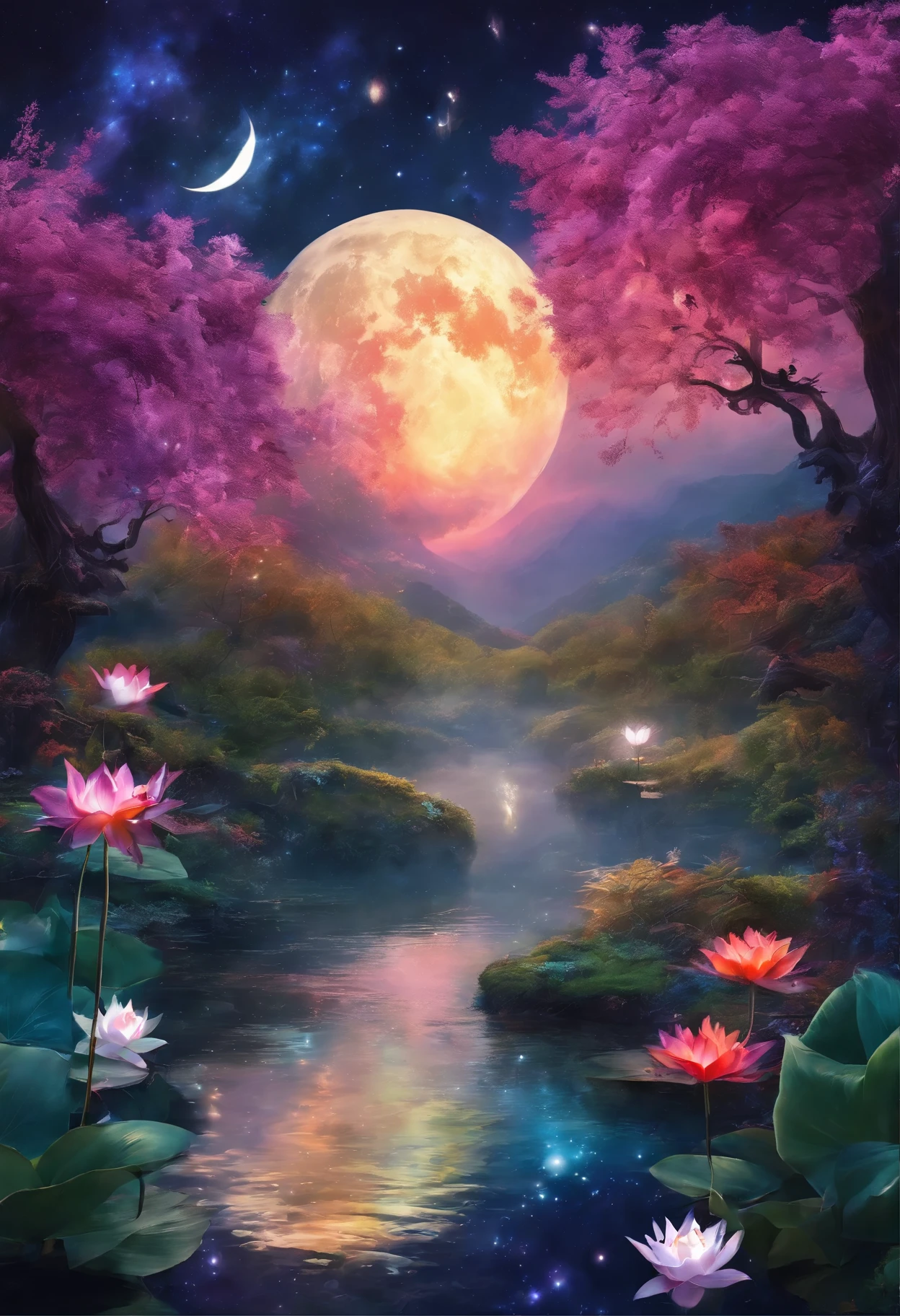 (masterpiece，Real photography，Simple composition：1.5），Bodhisattva，Sun, moon and stars，Popularity，galaxy，night，moonlight over lotus pond，plum bossom，Beautiful artistic conception，Realistic style，Magnificent atmosphere，Staff，
